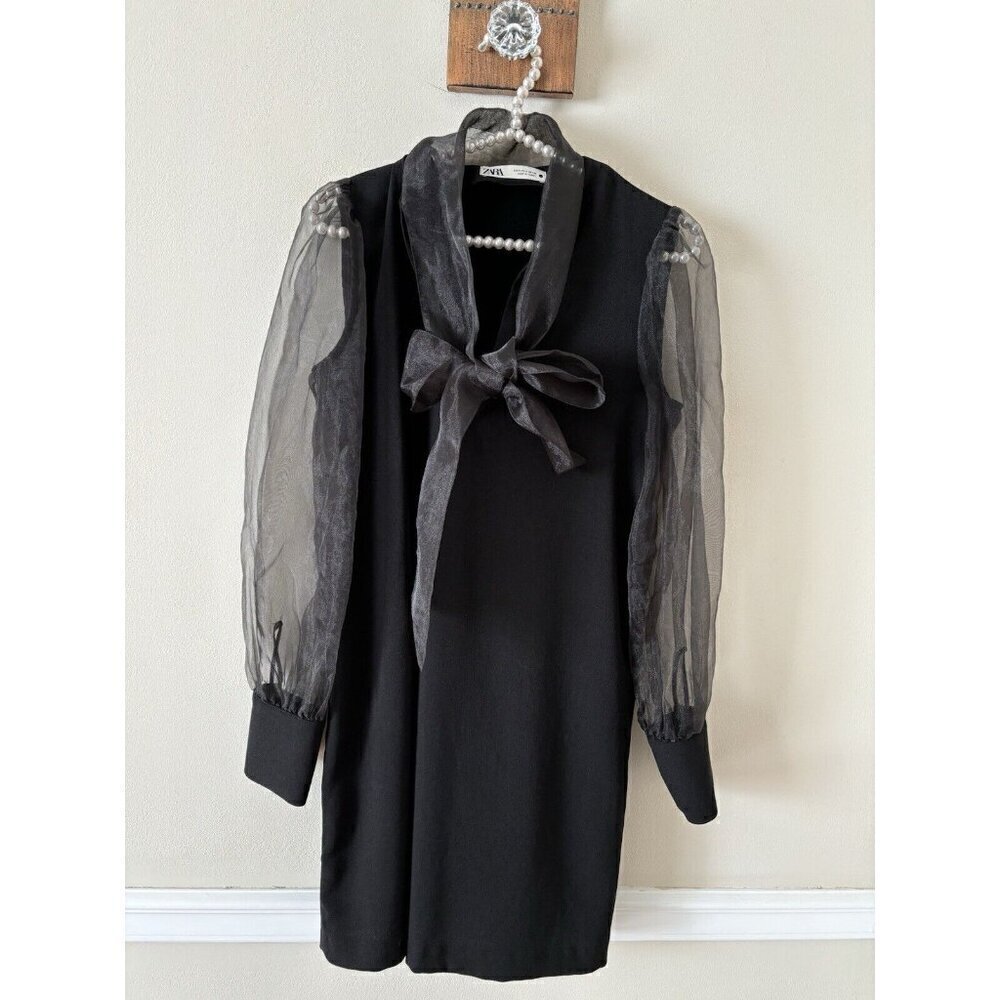 Zara Womens Size S Black Shift Dress Sheer Long Sleeves Tie Neck